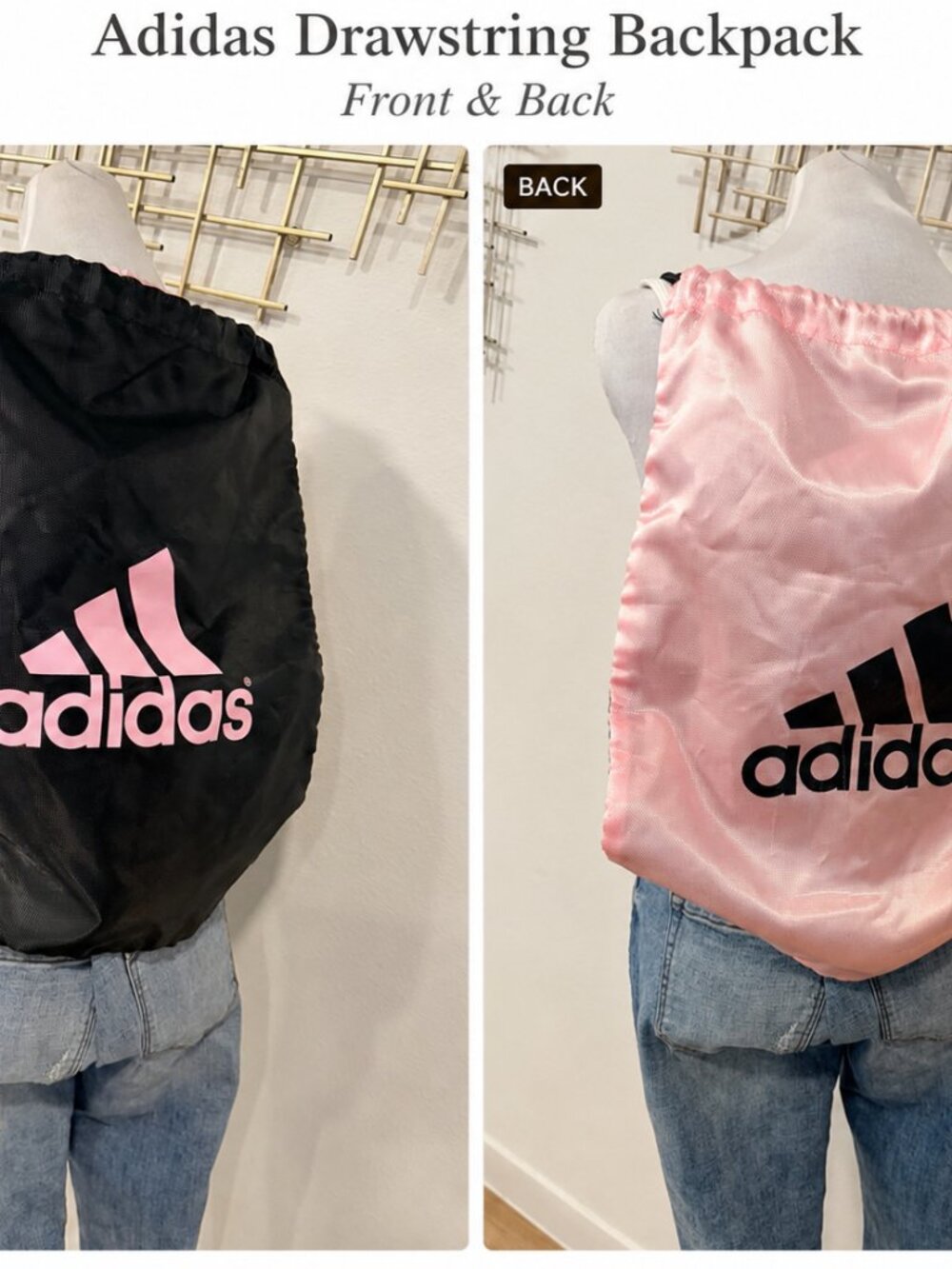Adidas Reversible Drawstring Backpack Bundle Black & Pink Logo Gym Bag